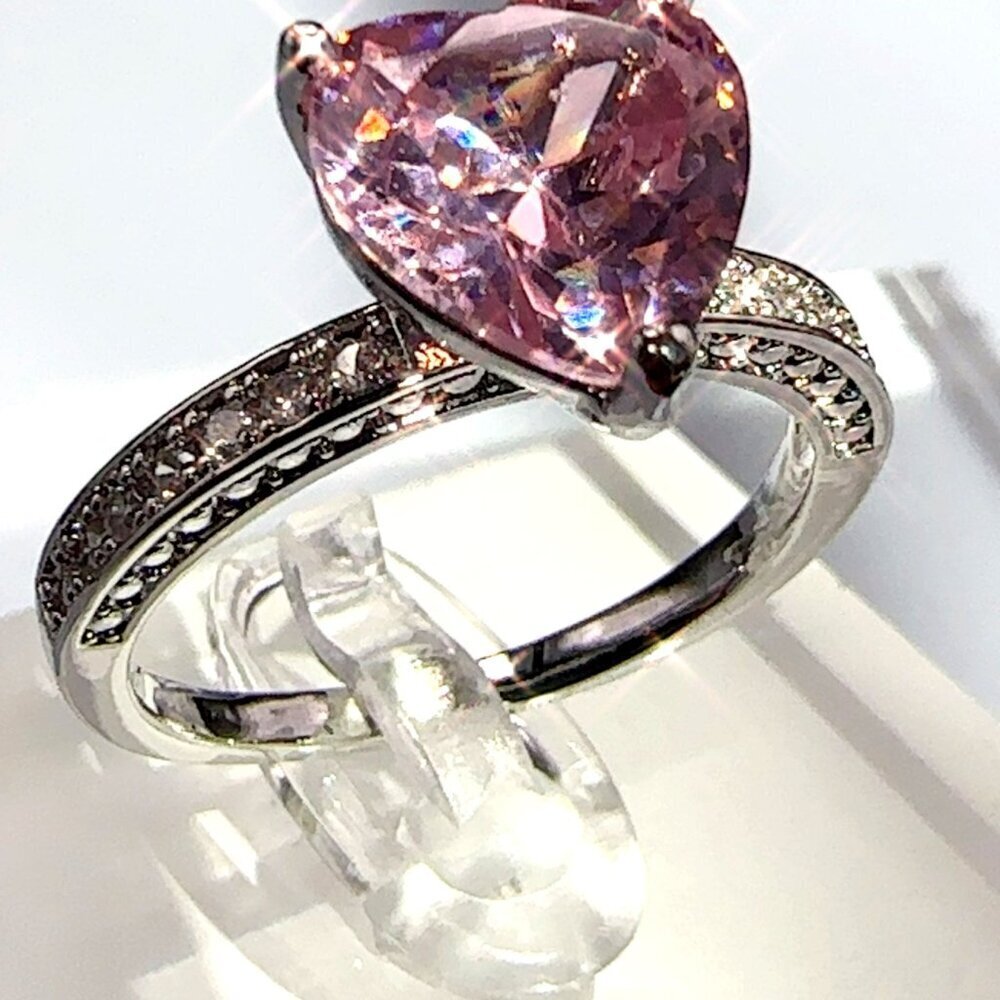 Cubic Zirconia Heart Cut Pink Ring Silver Tone Size 8 - Picture 3 of 14